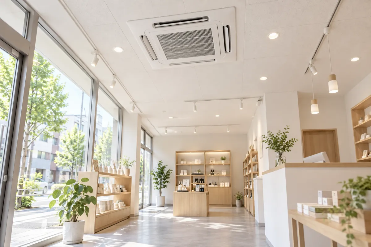 天井カセット型の業務用エアコンを設置した店舗内