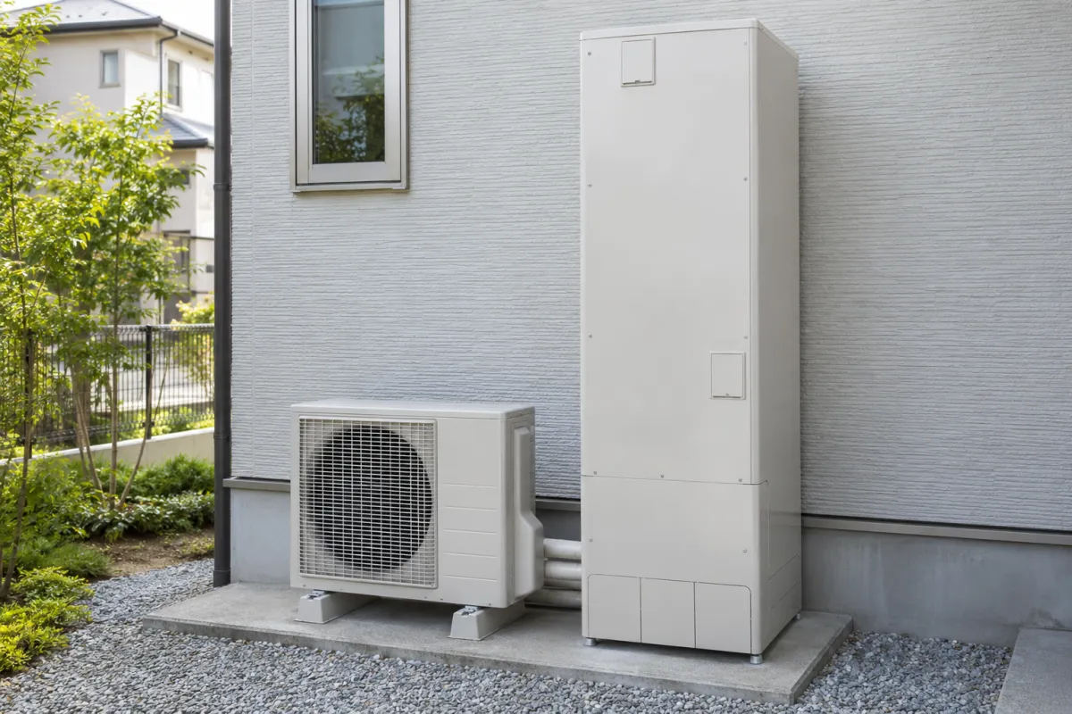 住宅の外壁沿いに設置された貯湯タンクとヒートポンプユニット