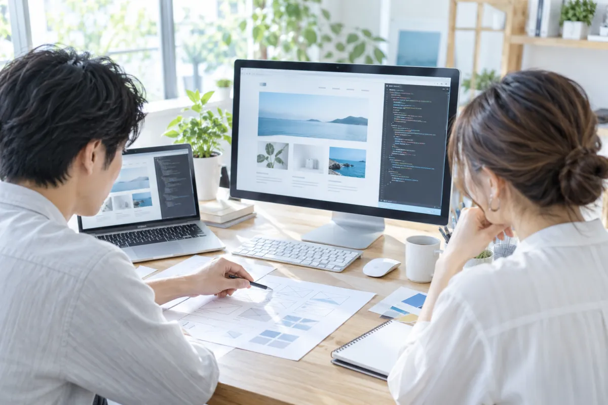 画面と設計図を見ながらWebサイトを制作する場面