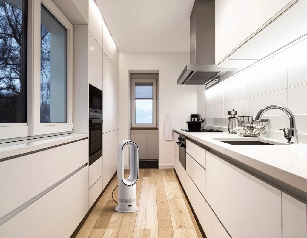 モダンなキッチンに置かれたDyson Hot+Cool&trade; HF1