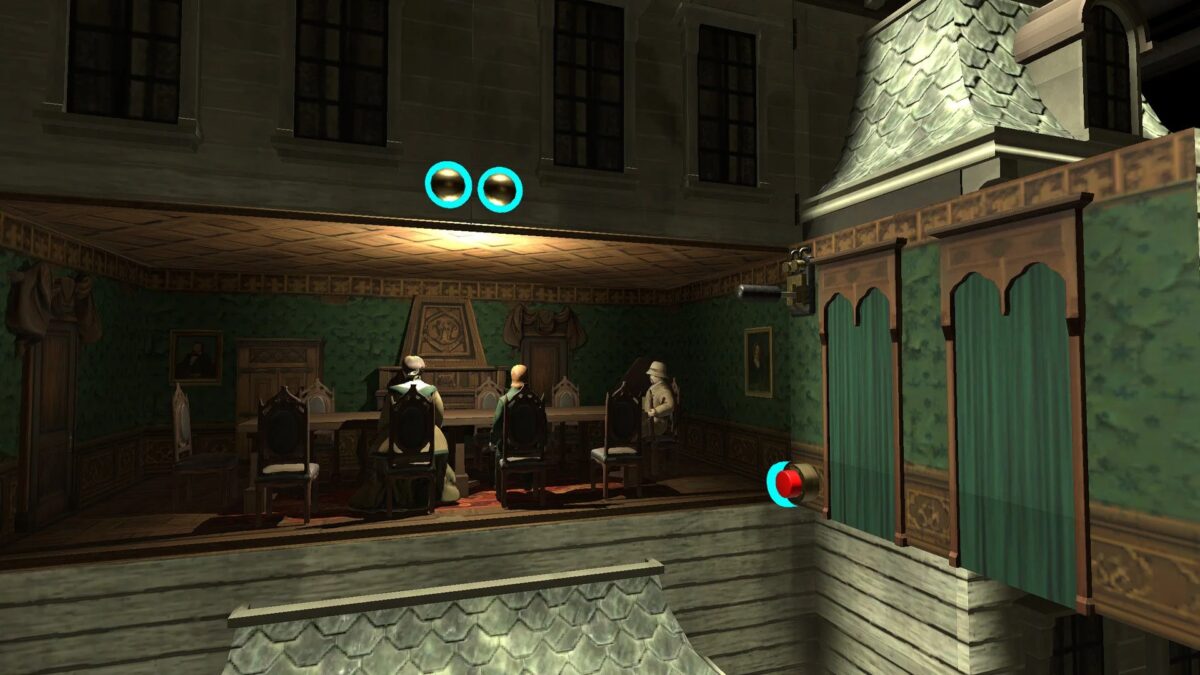 洋館の会議室のようなビデオゲームのワンシーン