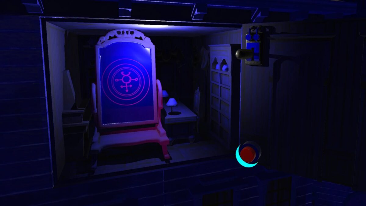 青い光に照らされた神秘的な鏡のある部屋