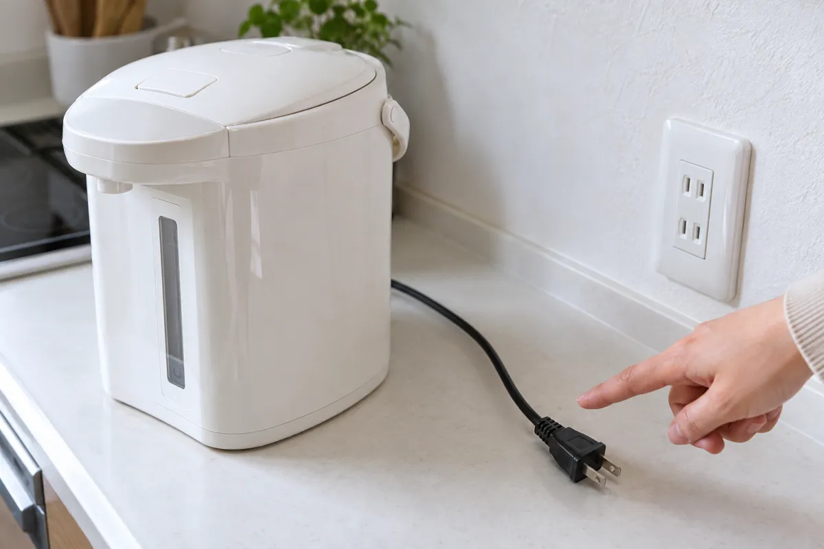電源を抜いた電気ポットのプラグとコードを外観確認する様子