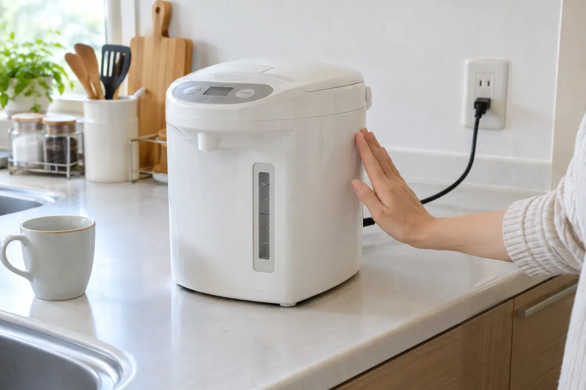 キッチンで白い電気ポットの外側を安全に確認する様子