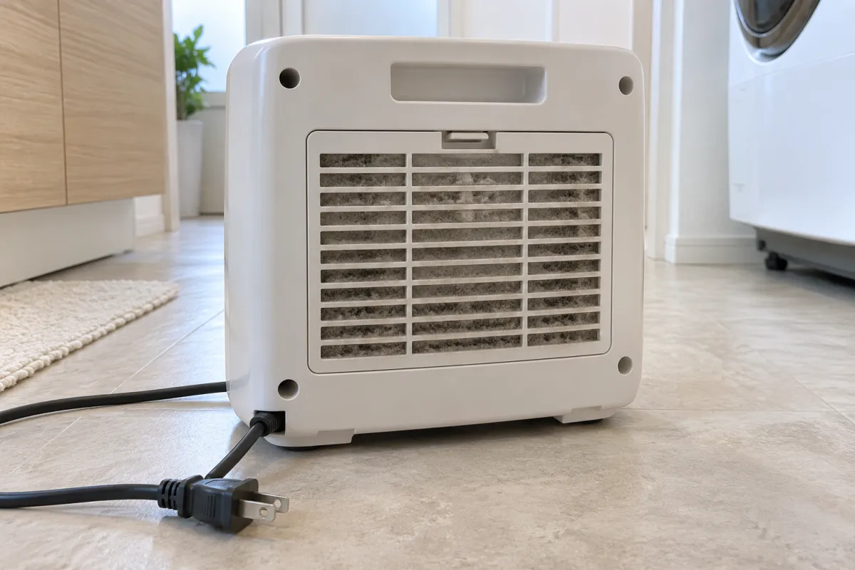 抜いた電源プラグと閉じた吸気フィルターカバーが見えるセラミックファンヒーター背面