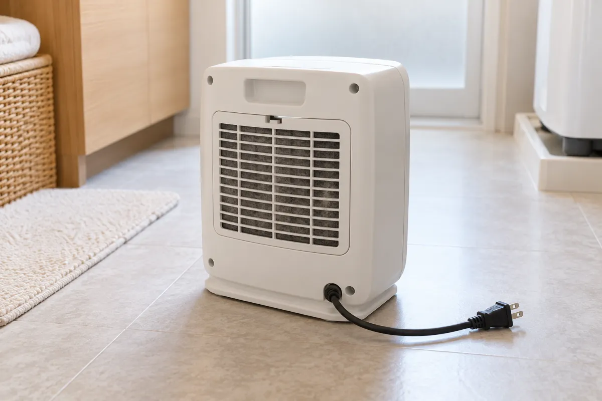 脱衣所で停止し電源プラグを抜いたセラミックファンヒーターの背面吸気口