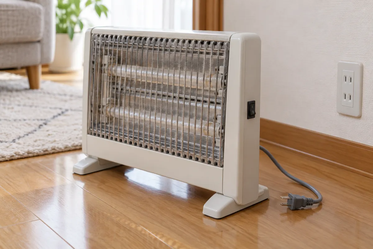 電源プラグを抜いた電気ストーブと前面ガードの確認