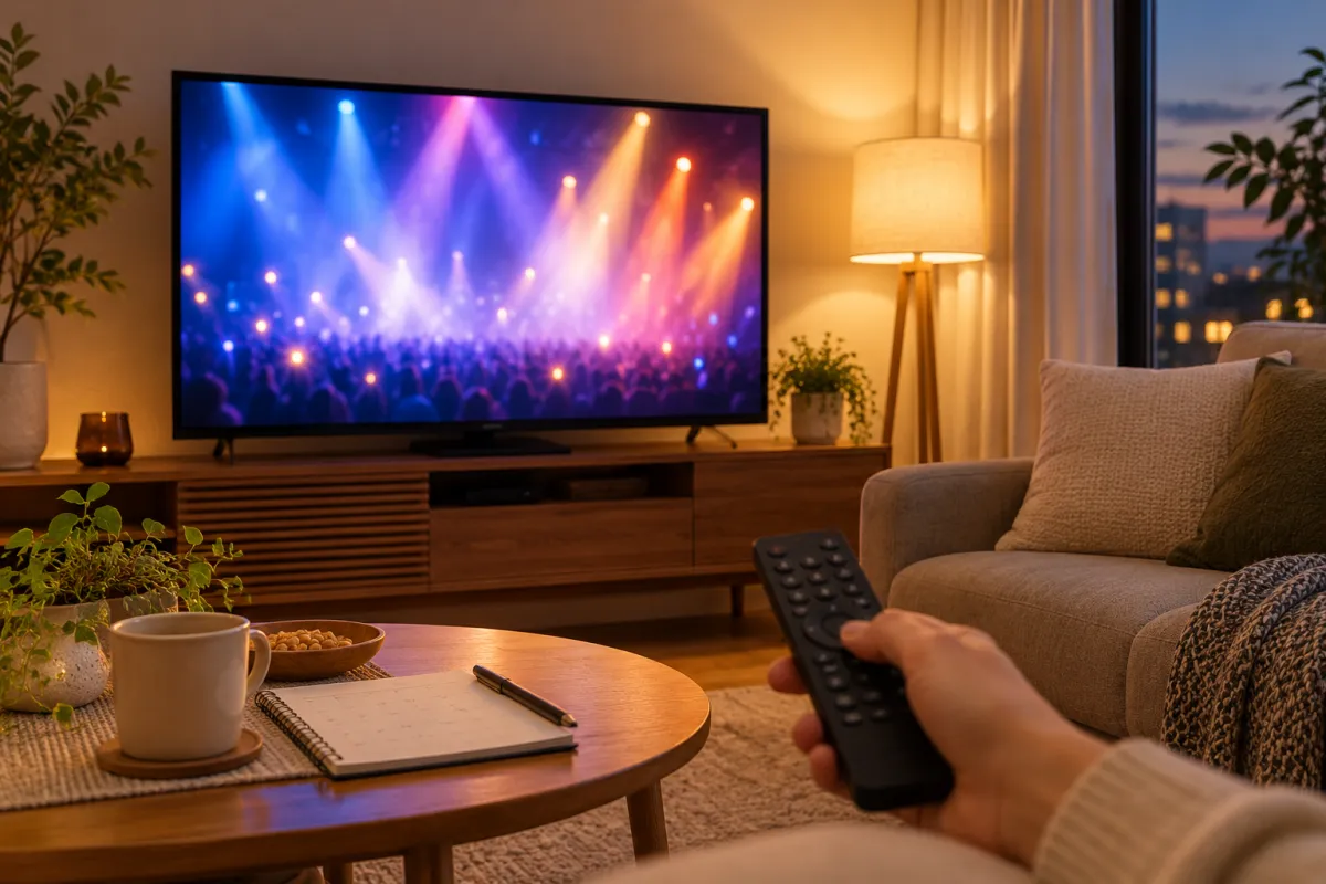 自宅のテレビとリモコン、手帳を使って視聴準備をするイメージ画像