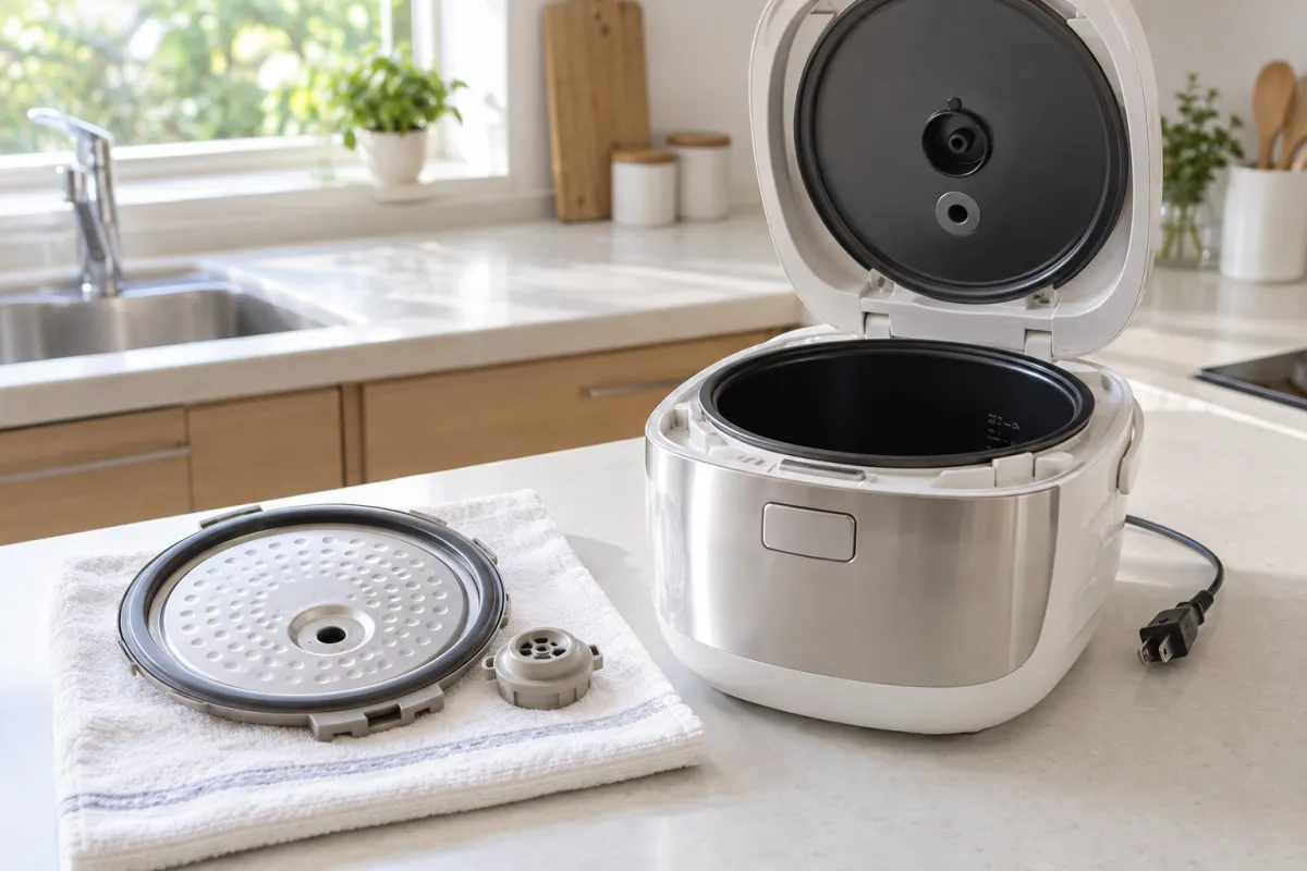 炊飯器の内ぶたと蒸気口ユニットを、電源プラグを抜いて確認する写真風画像