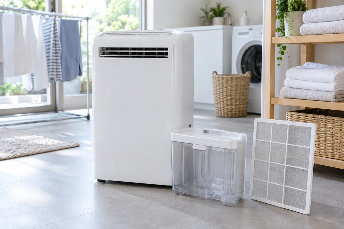 ランドリールームの衣類乾燥除湿機と取り外した排水タンク、外側フィルター