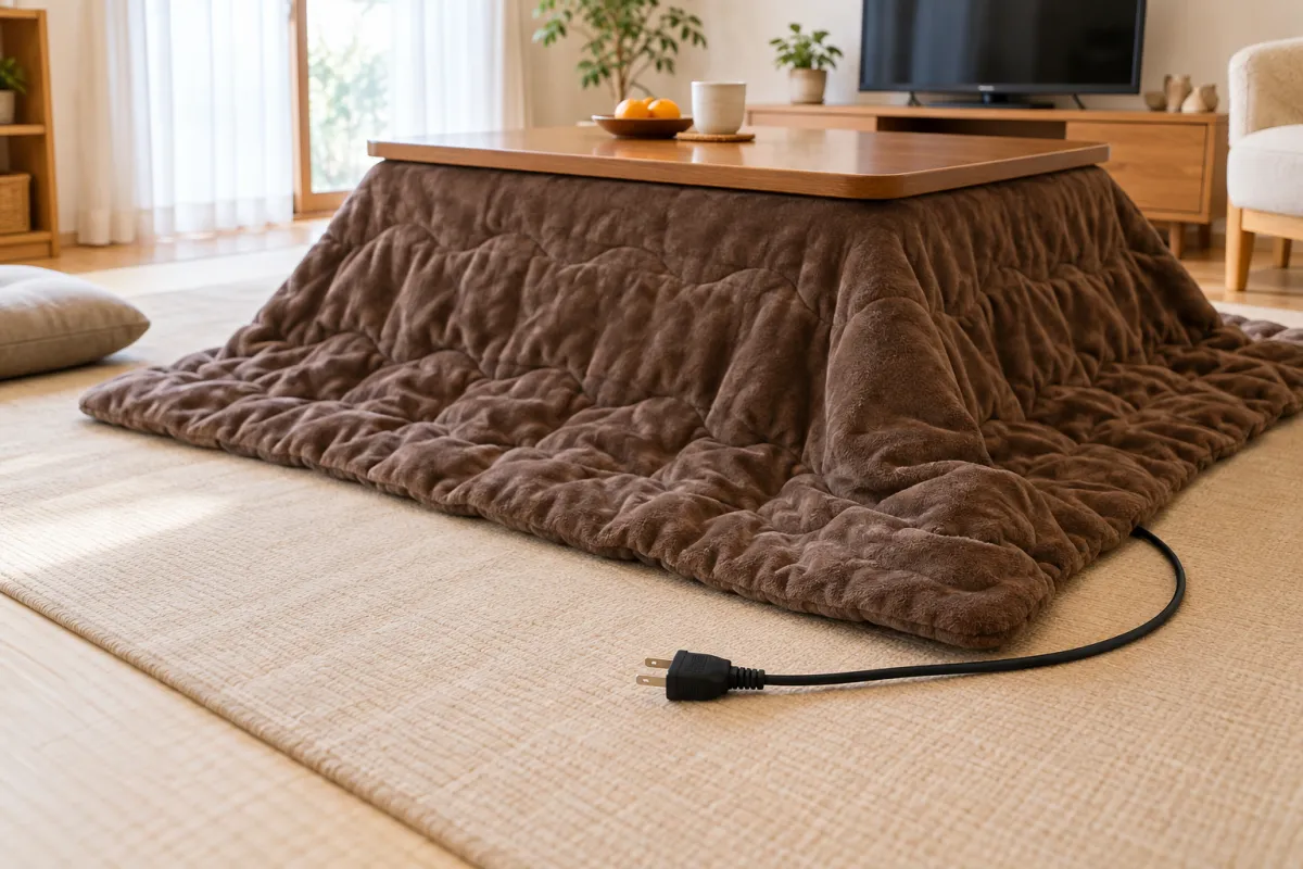 電源を抜いたこたつのそばに置かれた電源コードとプラグ