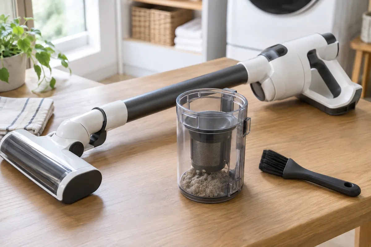 ダストカップを安全に確認するコードレススティック掃除機