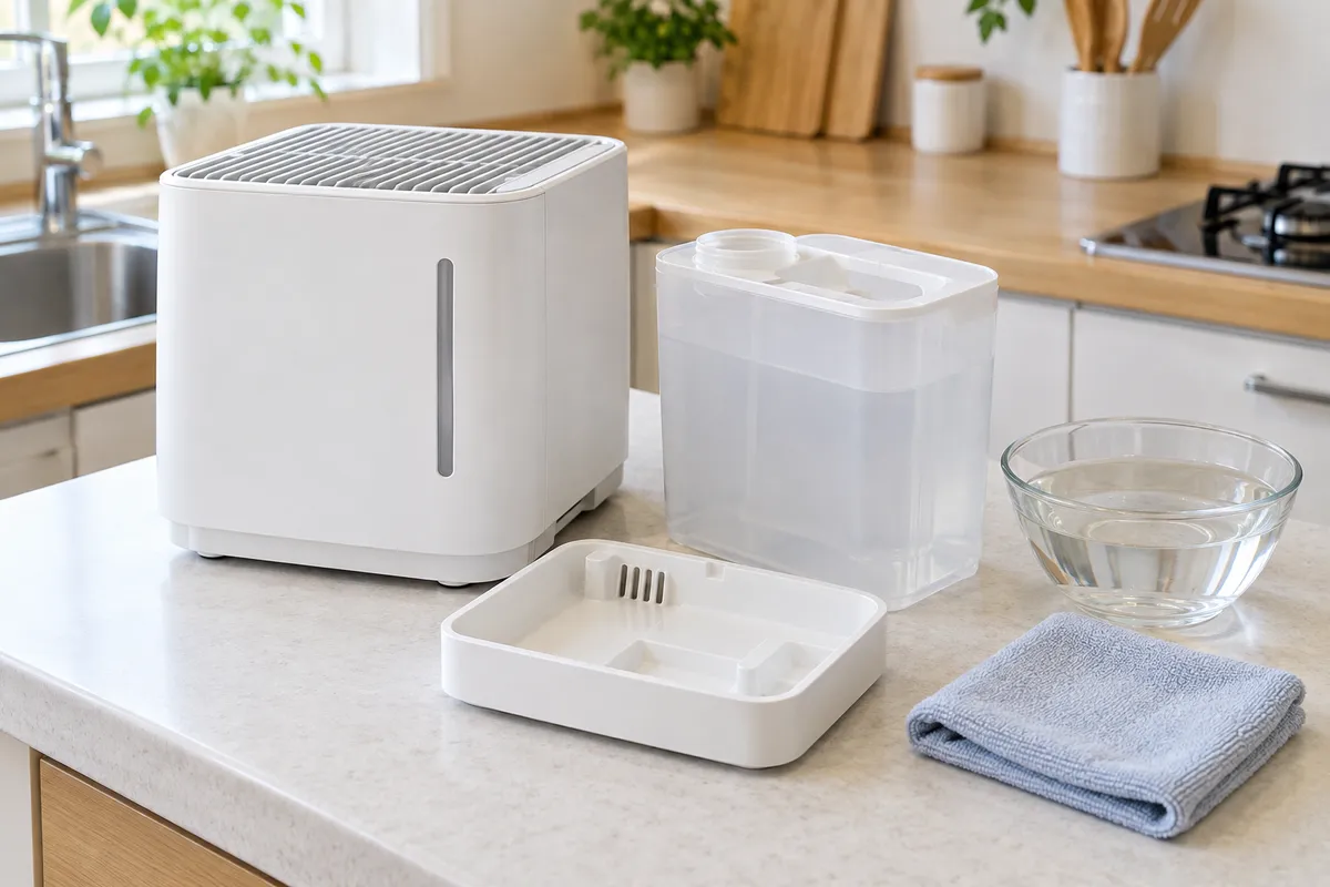 取り外し可能なタンクとトレーを確認する加湿器