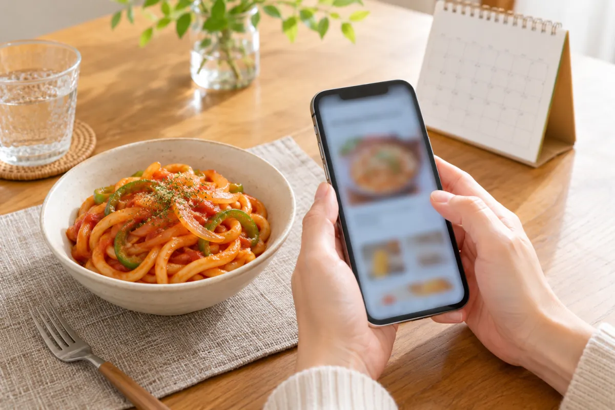 うどんの横でスマートフォンを見て販売条件を確認する手元のイメージ画像