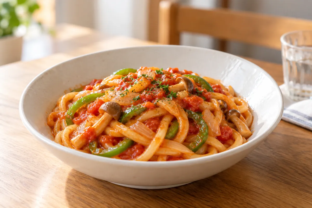白い器に盛ったトマトソースのナポリタン風うどんのイメージ画像