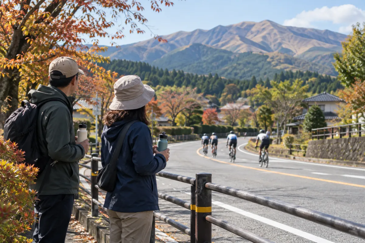 安全柵の内側からロードレースを見守る匿名の観戦者のイメージ画像