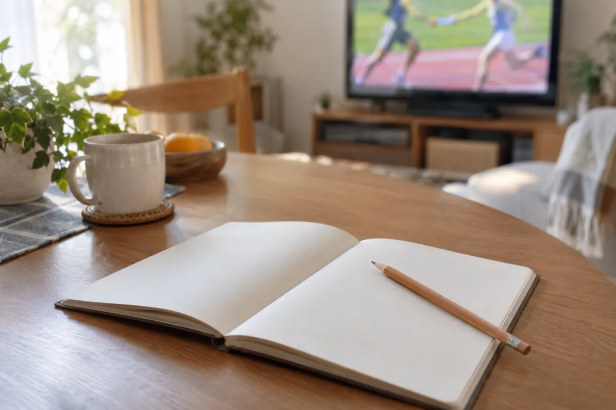 ノートに区間と通過順をメモしながら、テレビ中継を楽しむ休日のテーブル